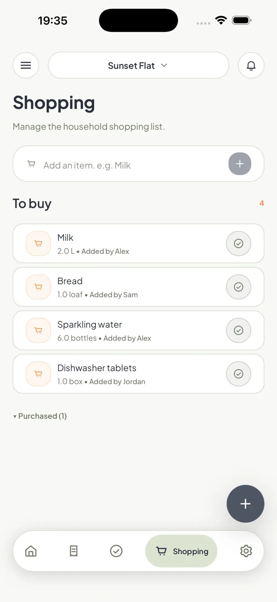 The shared shopping list in Homio, showing who added each item